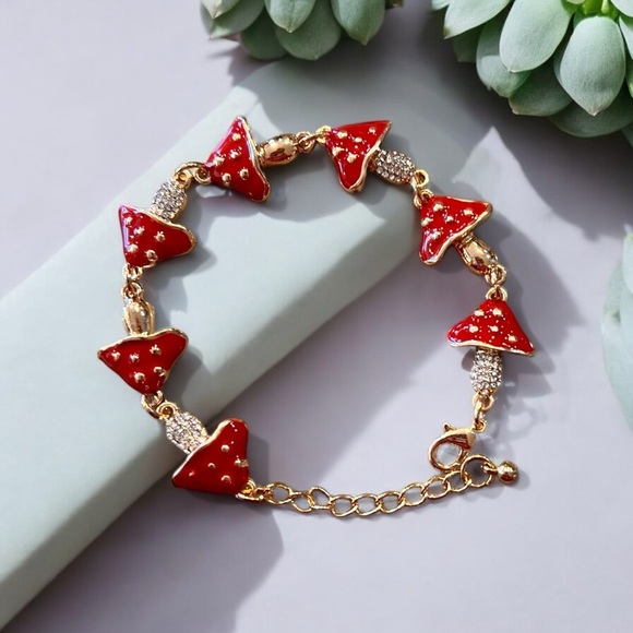 Mushroom bracelet adjustable red and gold enamel bracelet Toadstool rhinestones - Picture 15 of 17